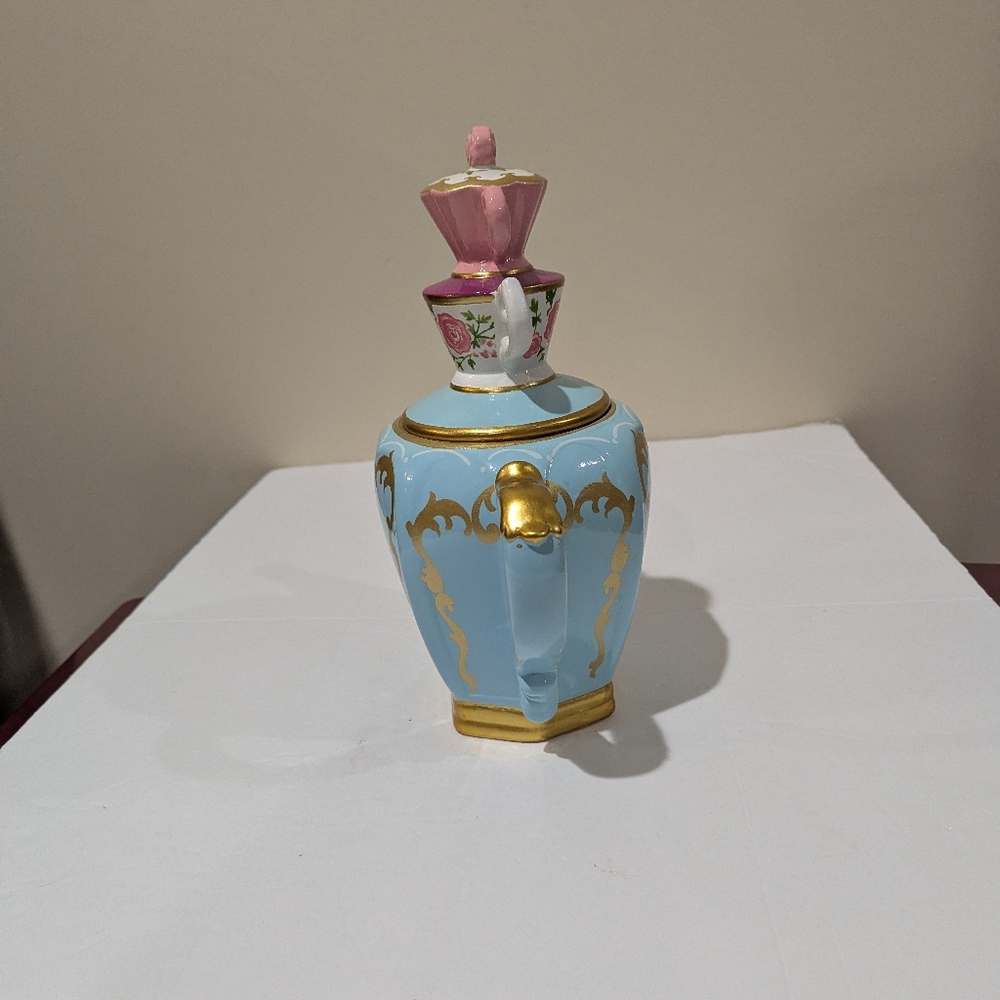 Alice In Wonderland, Elegant Blue and Gold Teapot with Pink Floral Lid 11"X9" - Picture 6 of 13